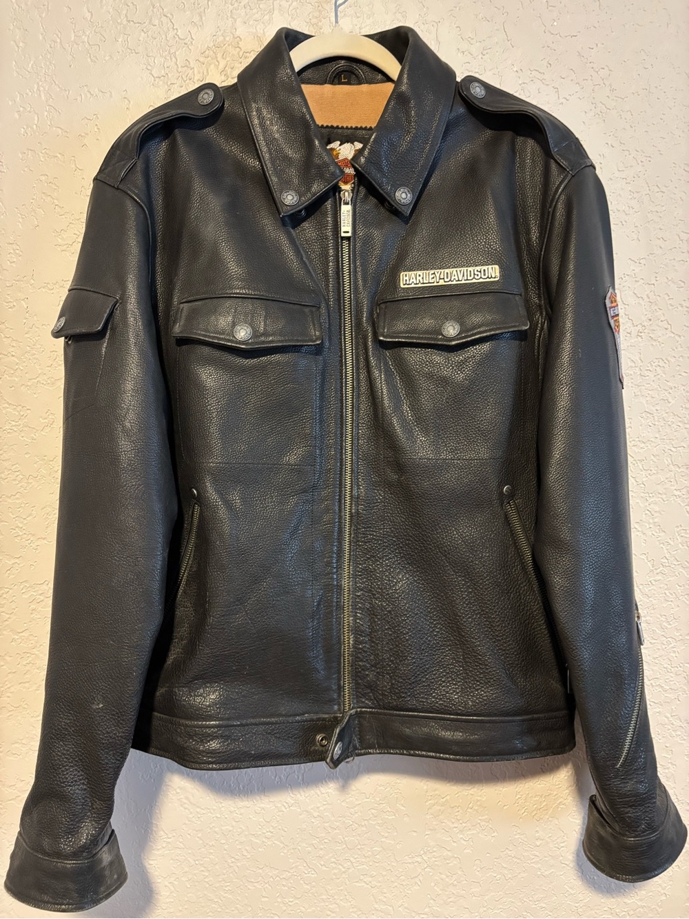 Harley-Davidson Black Leather Bomber Jacket with Chest Patches